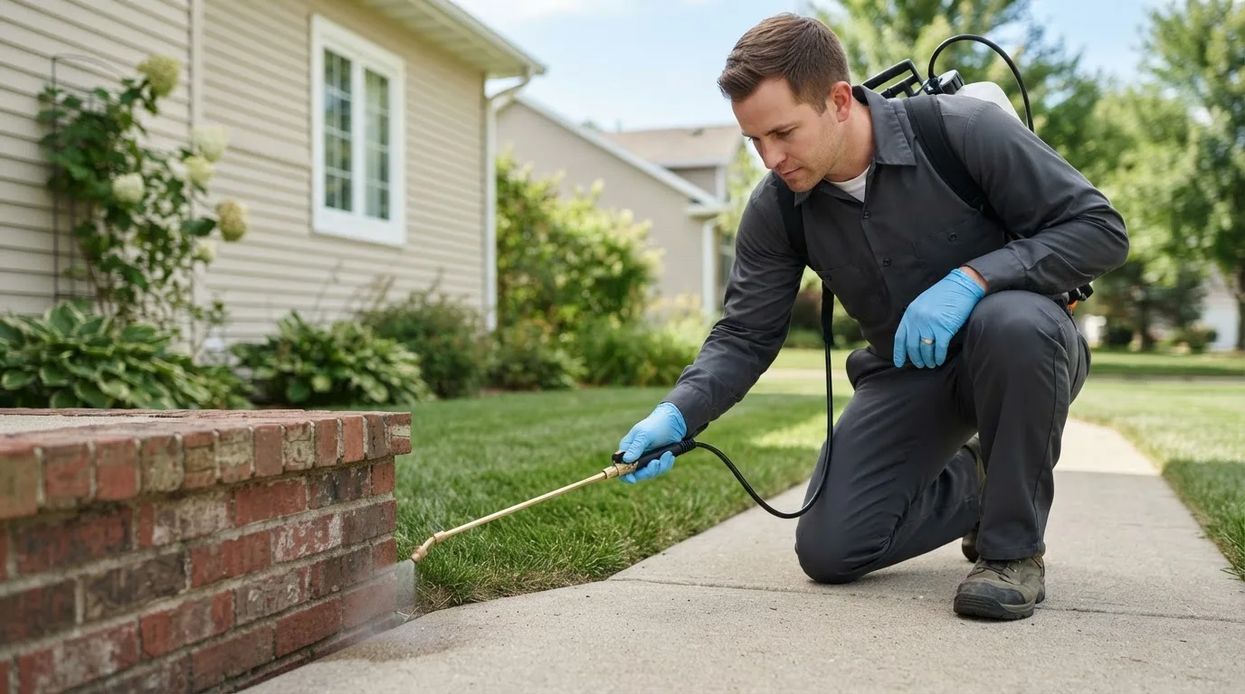 Pest control technician treating a home near Inkster, ND